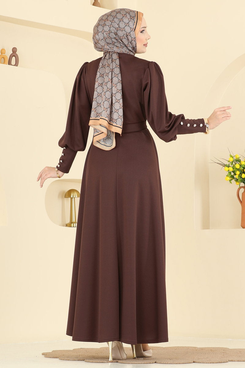 Crepe Knit Dress with Decorative Buttons - Brown