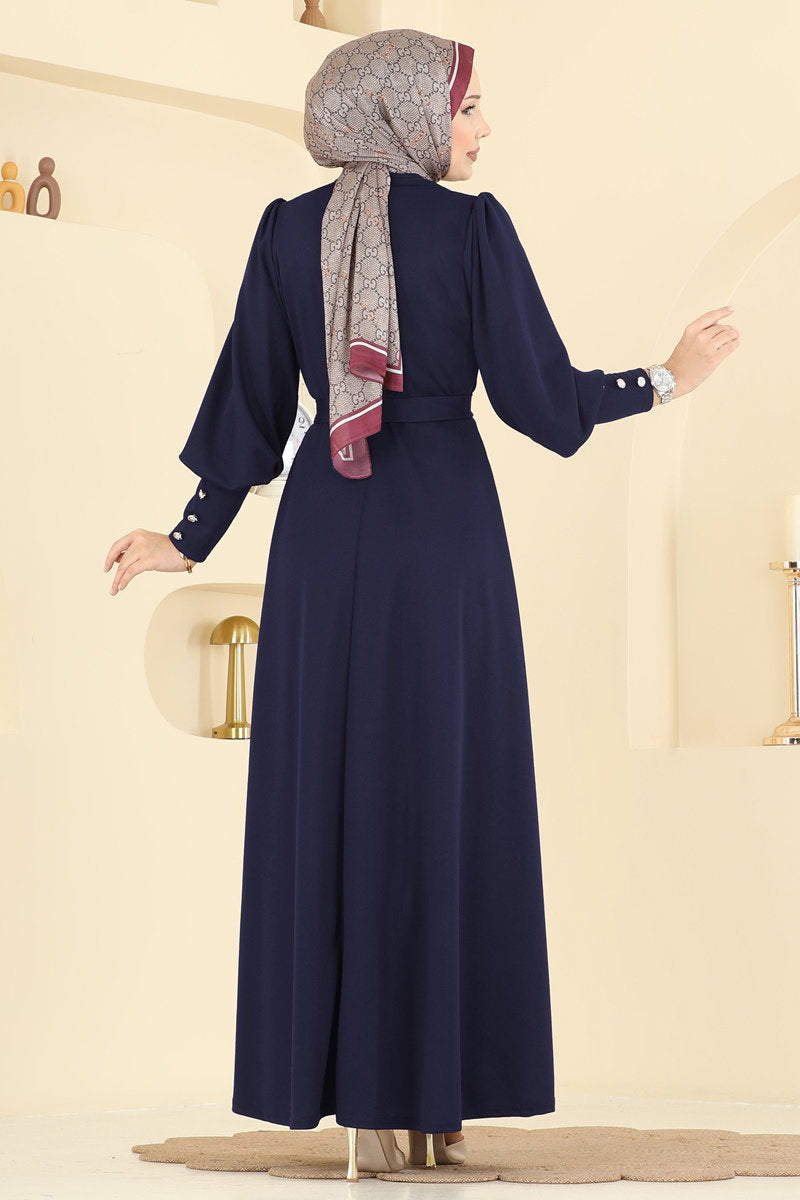 Crepe Knit Dress with Decorative Buttons - Navy