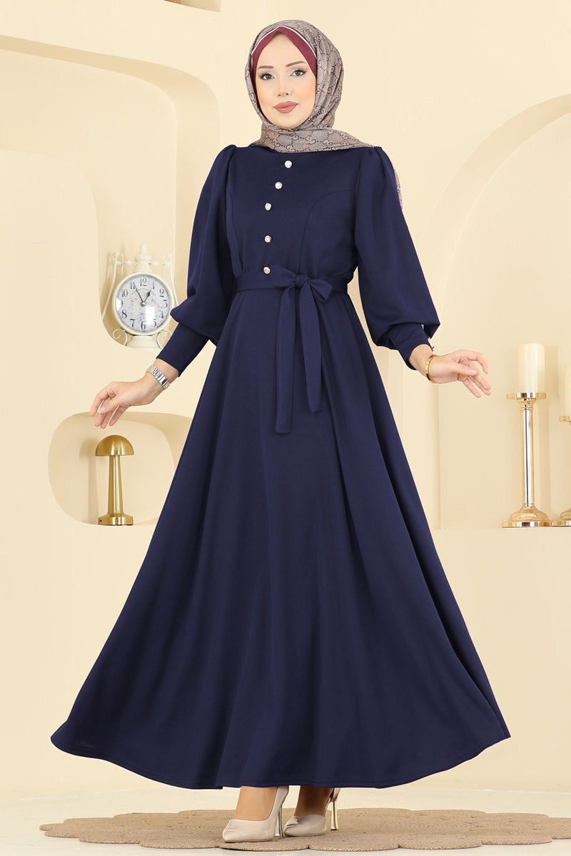 Crepe Knit Dress with Decorative Buttons - Navy