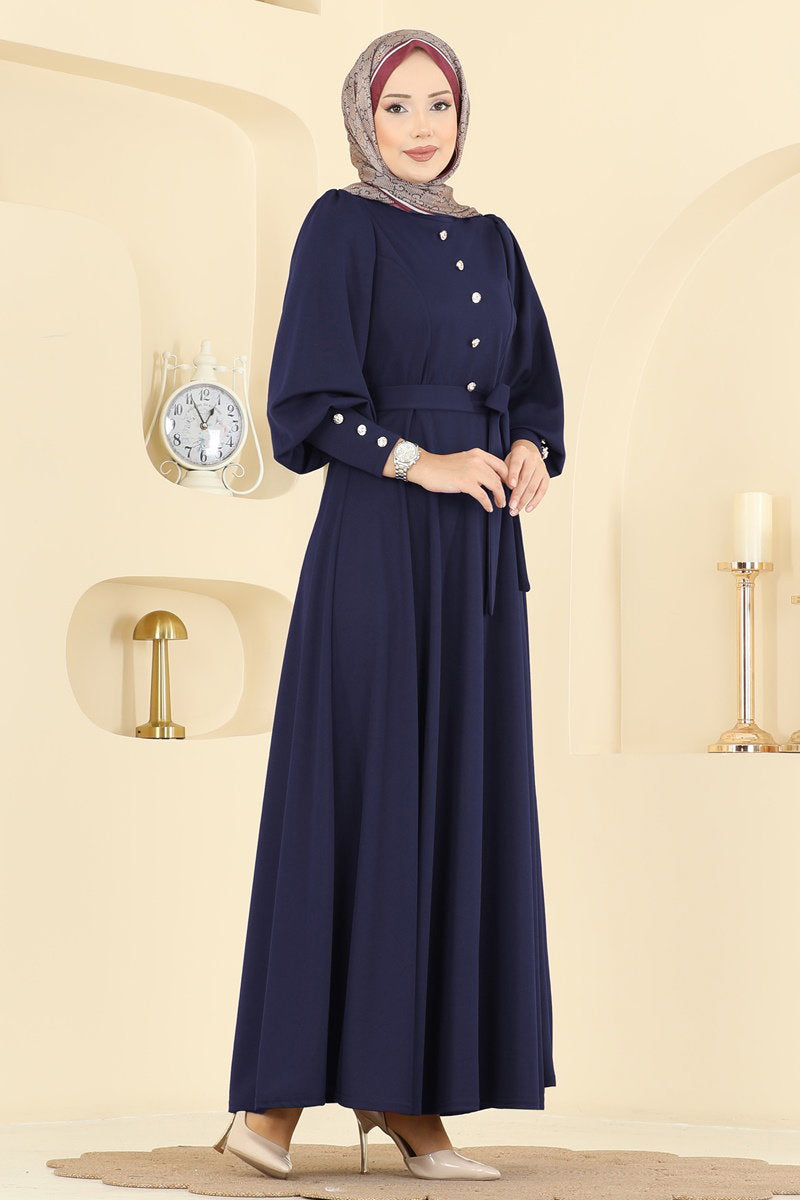Crepe Knit Dress with Decorative Buttons - Navy