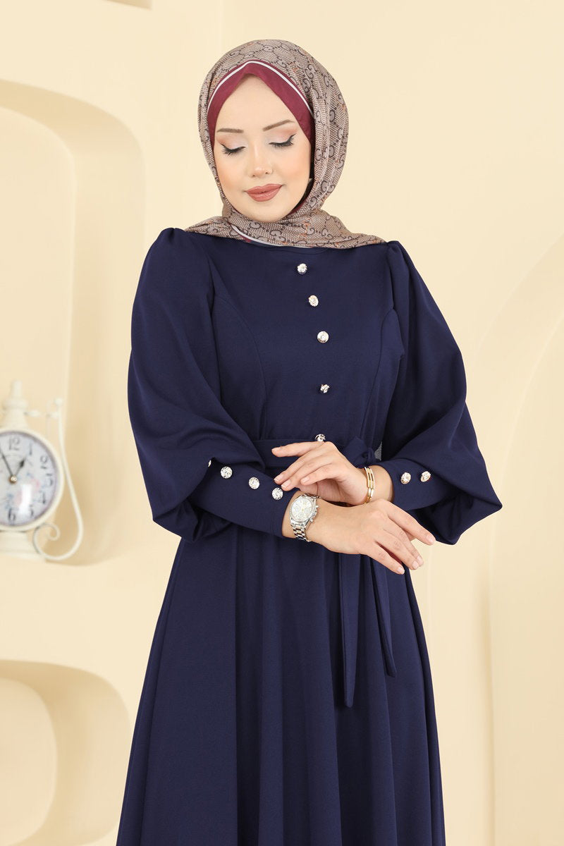 Crepe Knit Dress with Decorative Buttons - Navy