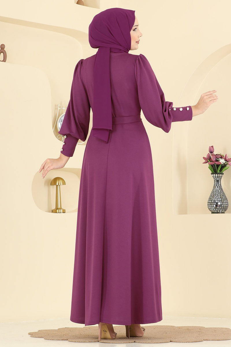 Crepe Knit Dress with Decorative Buttons - Plum