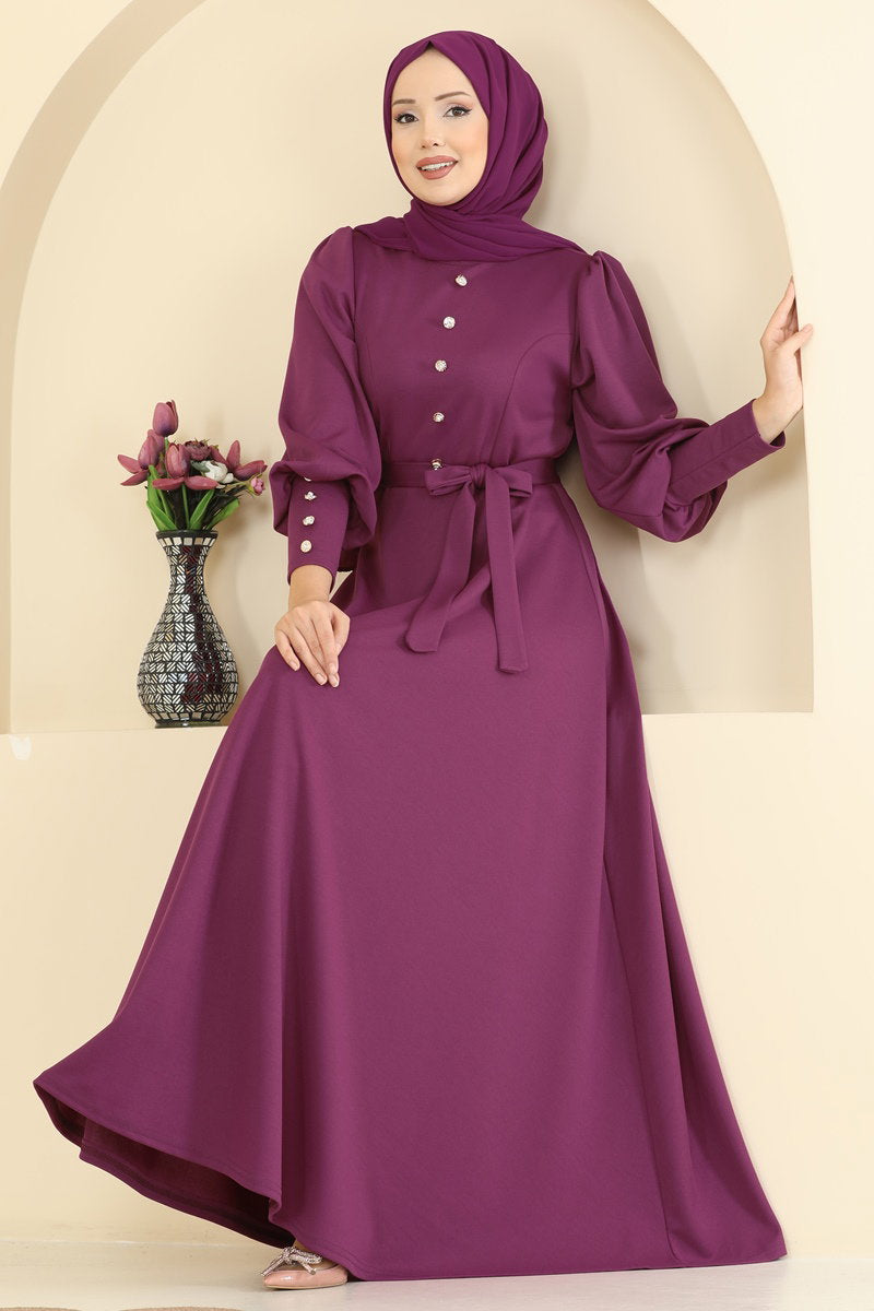 Crepe Knit Dress with Decorative Buttons - Plum