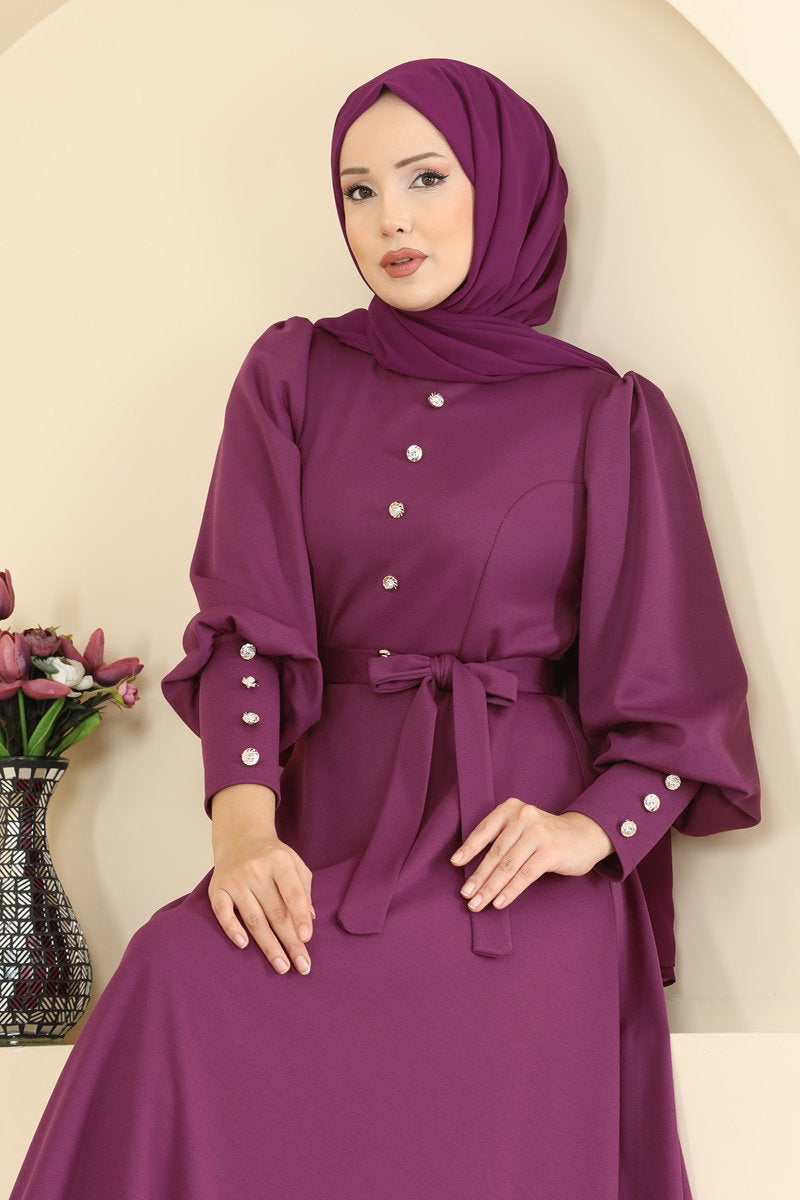 Crepe Knit Dress with Decorative Buttons - Plum