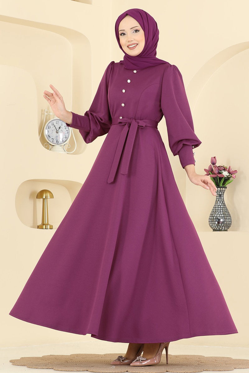 Crepe Knit Dress with Decorative Buttons - Plum