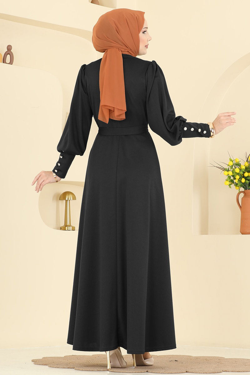 Crepe Knit Dress with Decorative Buttons - Black