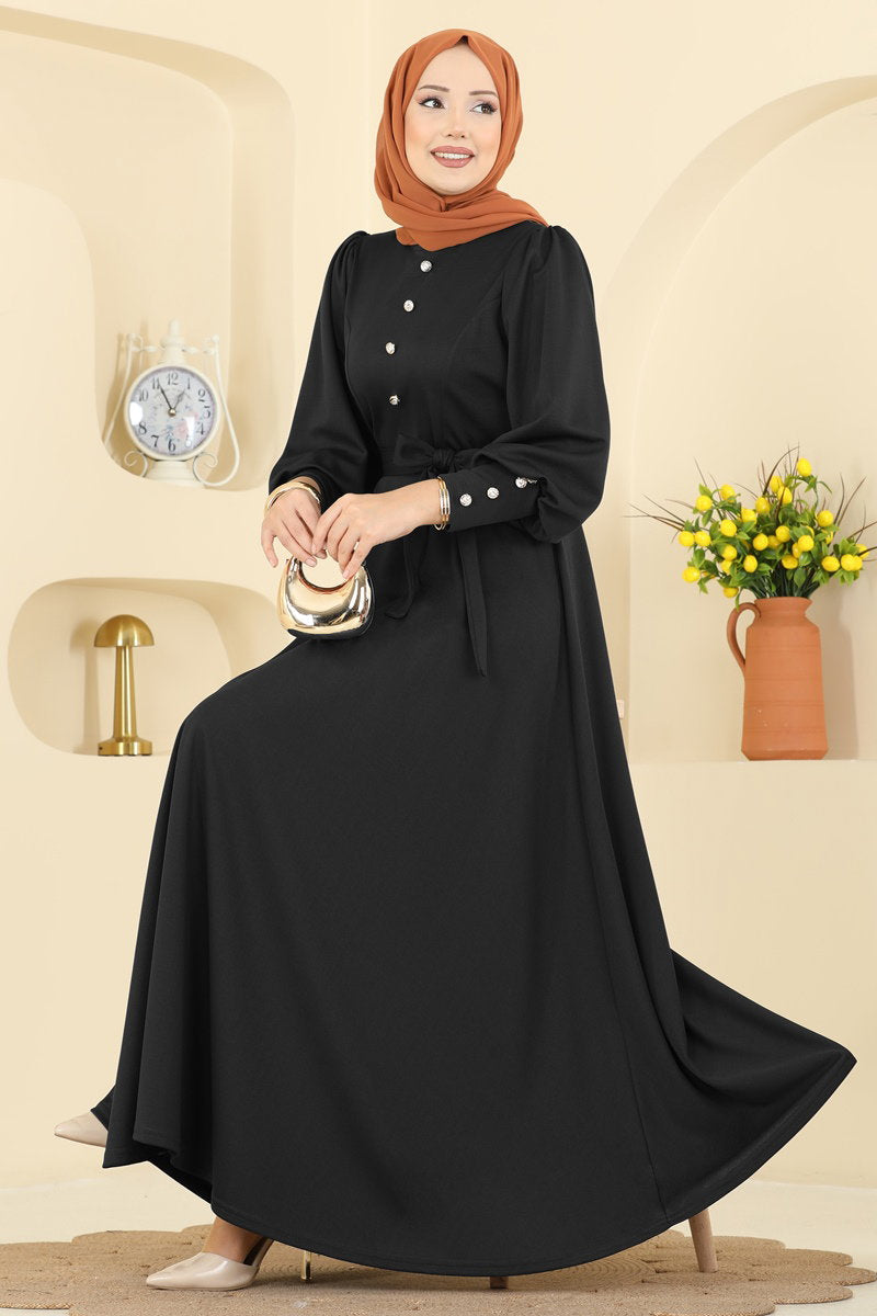Crepe Knit Dress with Decorative Buttons - Black