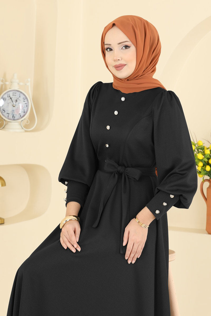 Crepe Knit Dress with Decorative Buttons - Black