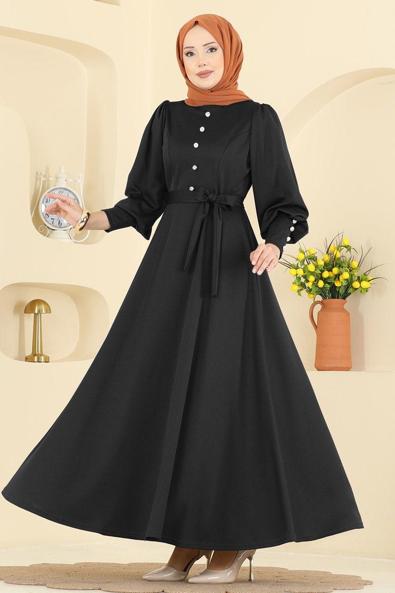 Crepe Knit Dress with Decorative Buttons - Black