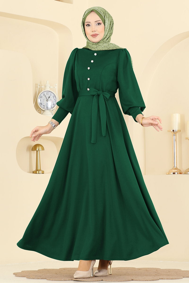 Crepe Knit Dress with Decorative Buttons - Emerald