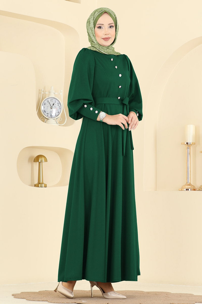 Crepe Knit Dress with Decorative Buttons - Emerald