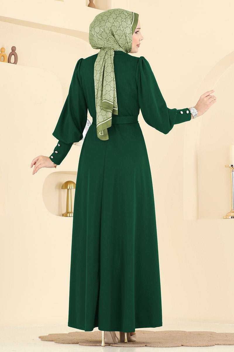 Crepe Knit Dress with Decorative Buttons - Emerald