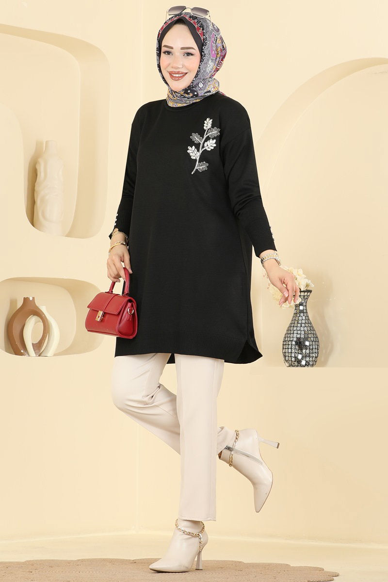 Mercerised Tunic with Decorative Buttons - Black