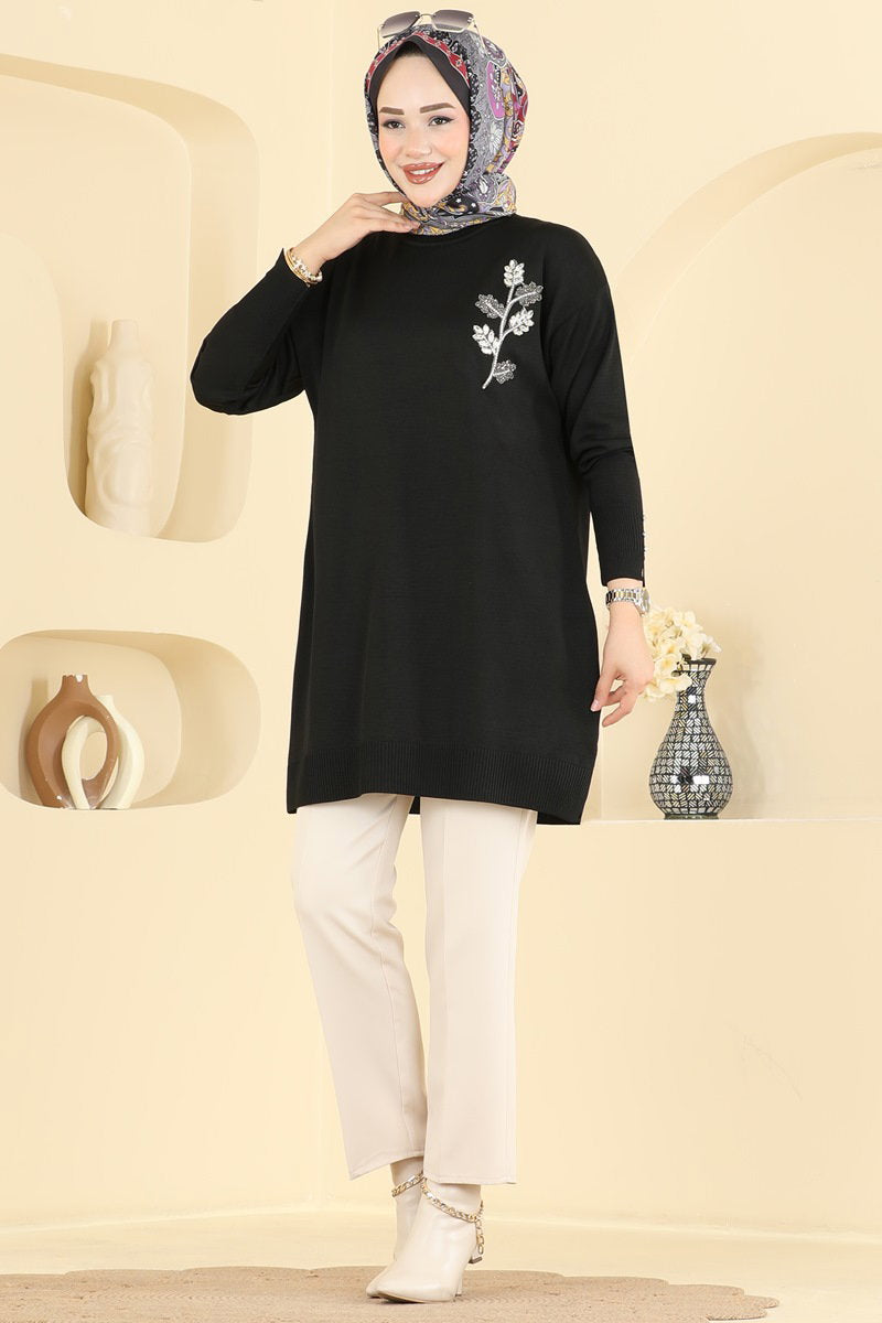 Mercerised Tunic with Decorative Buttons - Black
