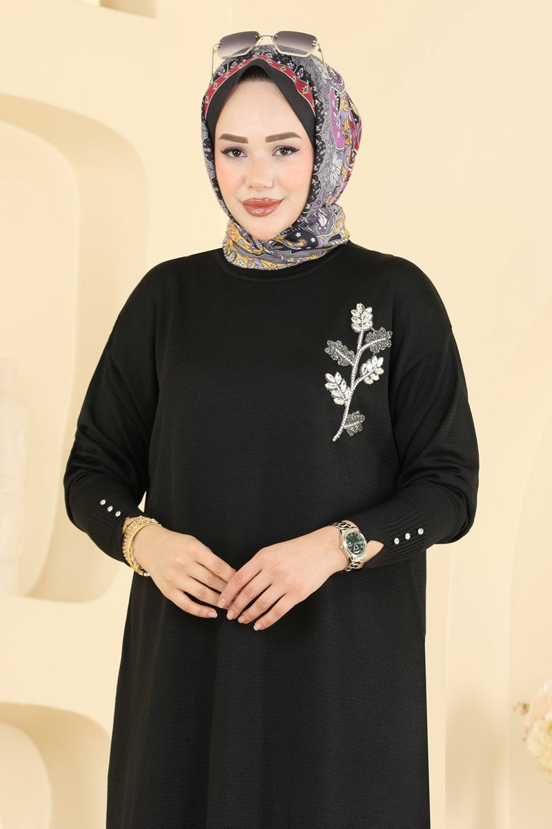Mercerised Tunic with Decorative Buttons - Black