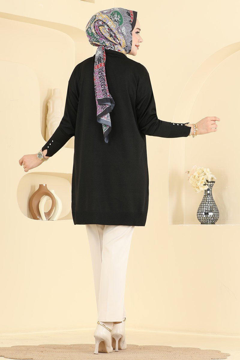 Mercerised Tunic with Decorative Buttons - Black