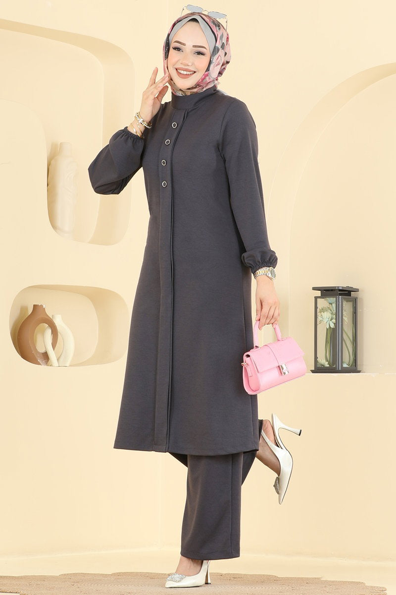 Crepe Two-Piece Set with Decorative Buttons - Charcoal