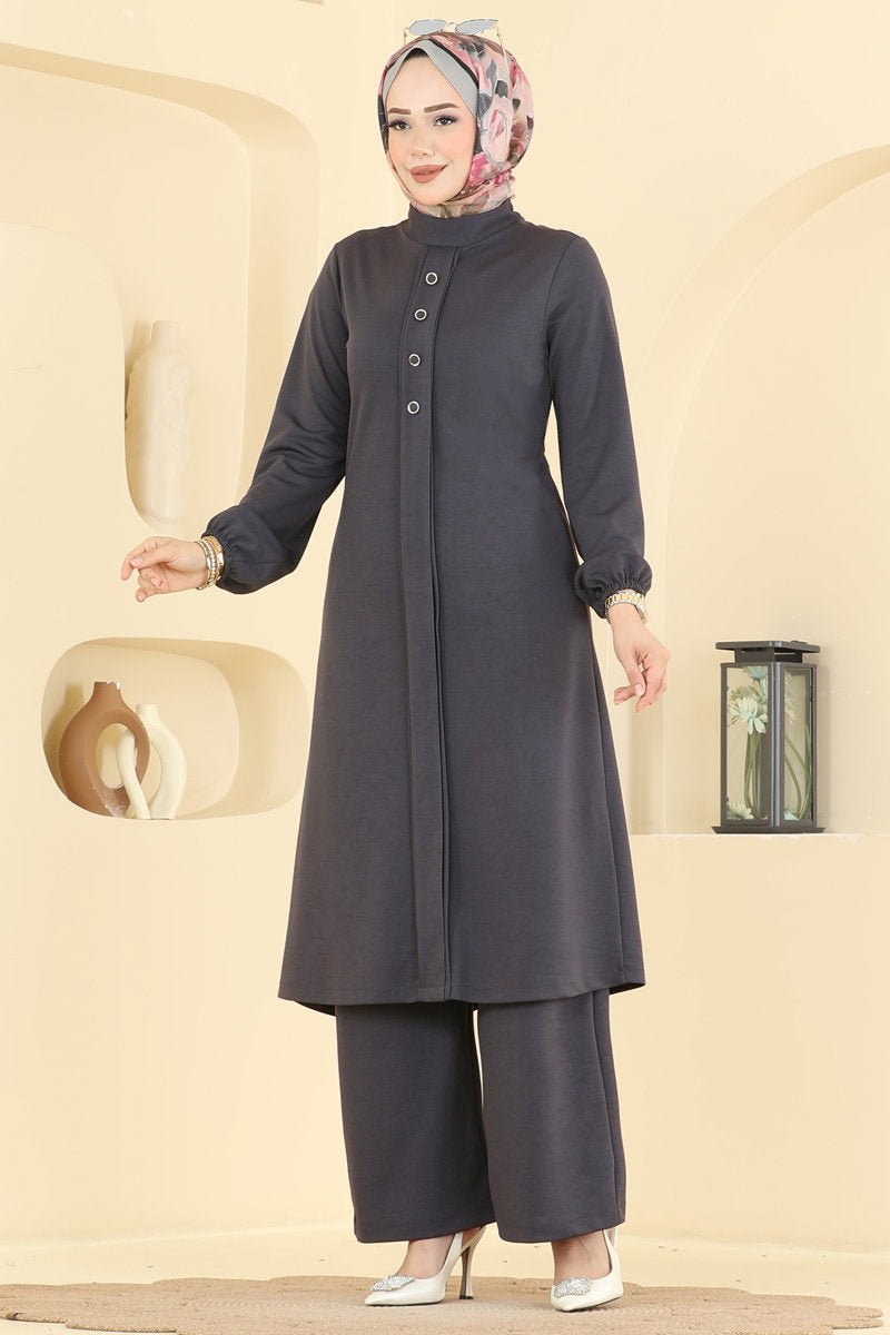 Crepe Two-Piece Set with Decorative Buttons - Charcoal