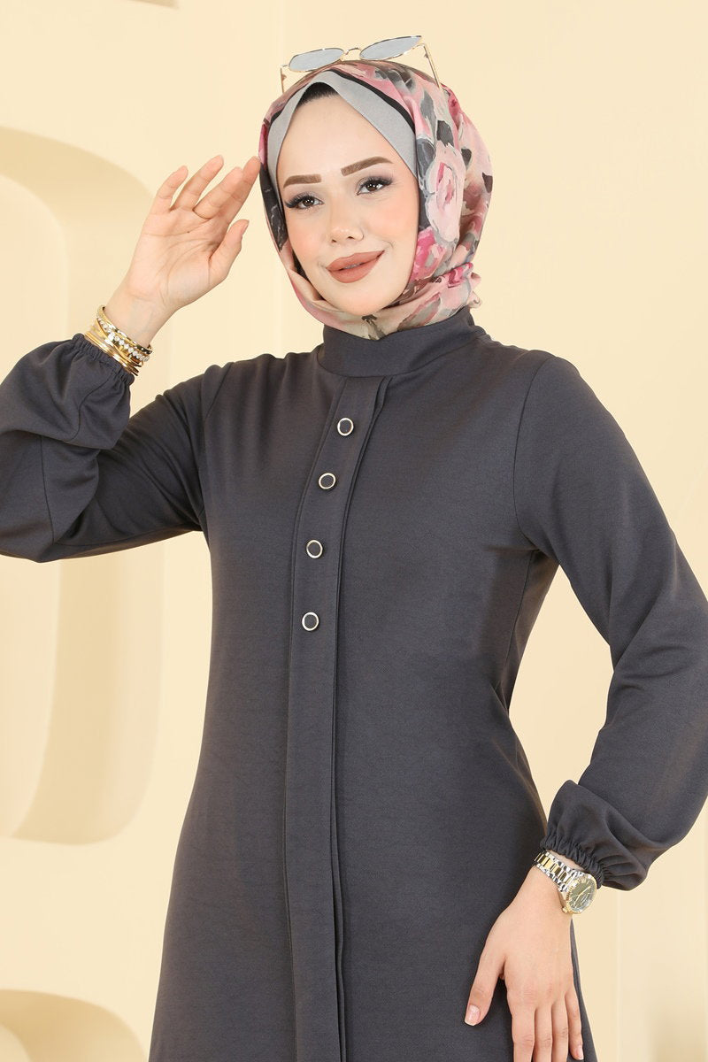 Crepe Two-Piece Set with Decorative Buttons - Charcoal