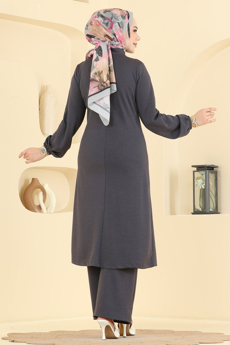 Crepe Two-Piece Set with Decorative Buttons - Charcoal