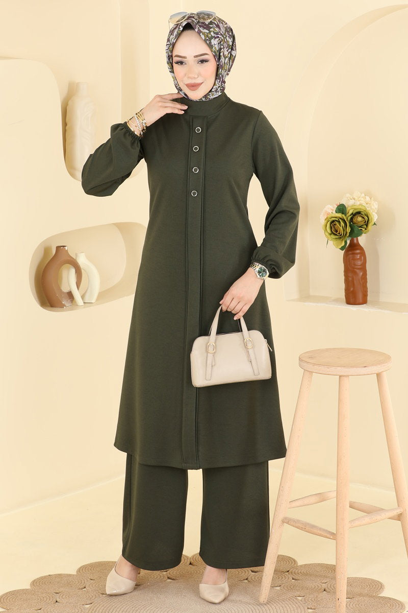Crepe Two-Piece Set with Decorative Buttons - Khaki
