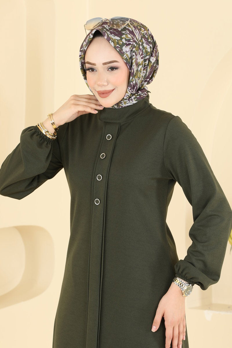 Crepe Two-Piece Set with Decorative Buttons - Khaki