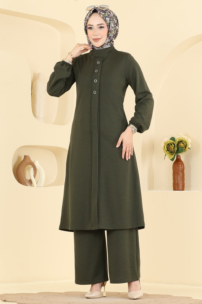 Crepe Two-Piece Set with Decorative Buttons - Khaki