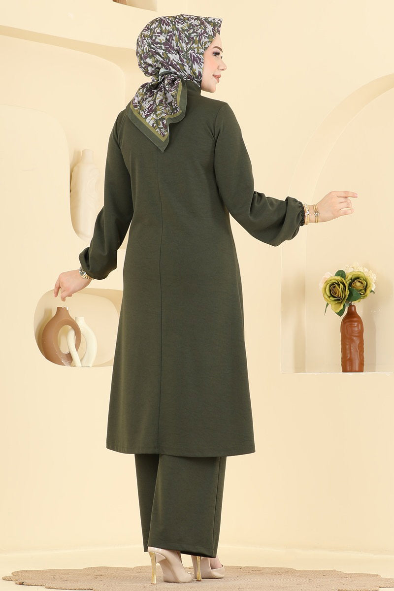 Crepe Two-Piece Set with Decorative Buttons - Khaki