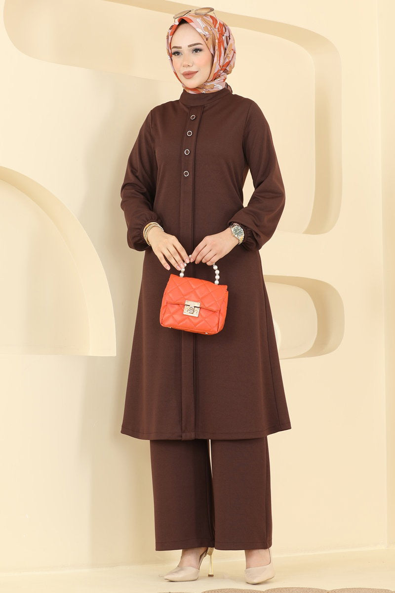 Crepe Two-Piece Set with Decorative Buttons - Brown
