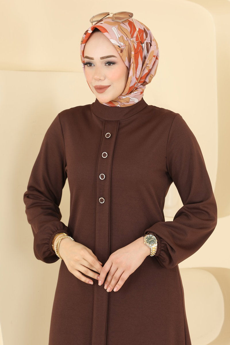 Crepe Two-Piece Set with Decorative Buttons - Brown