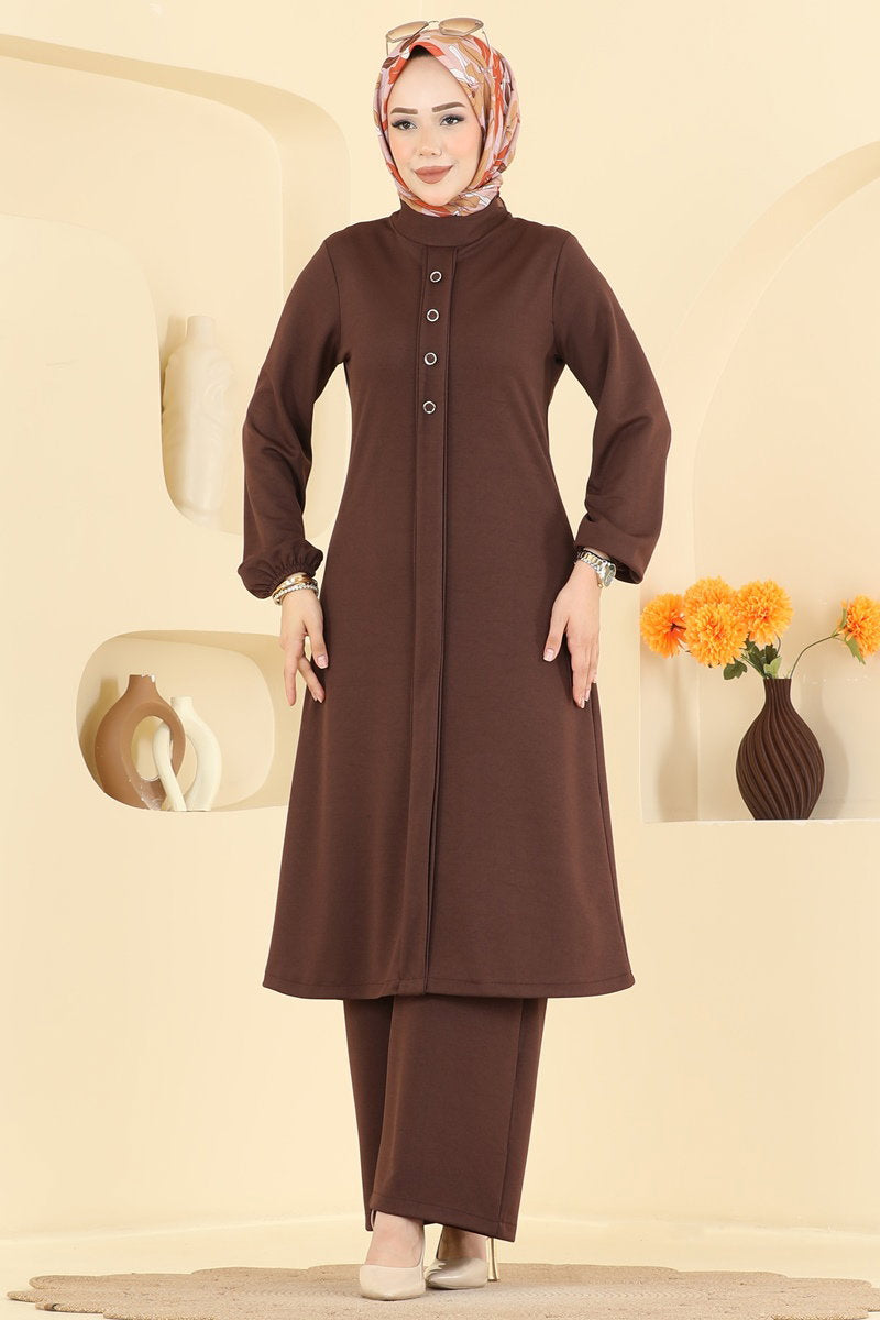 Crepe Two-Piece Set with Decorative Buttons - Brown