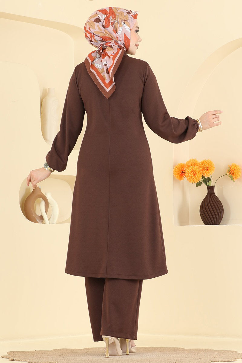 Crepe Two-Piece Set with Decorative Buttons - Brown
