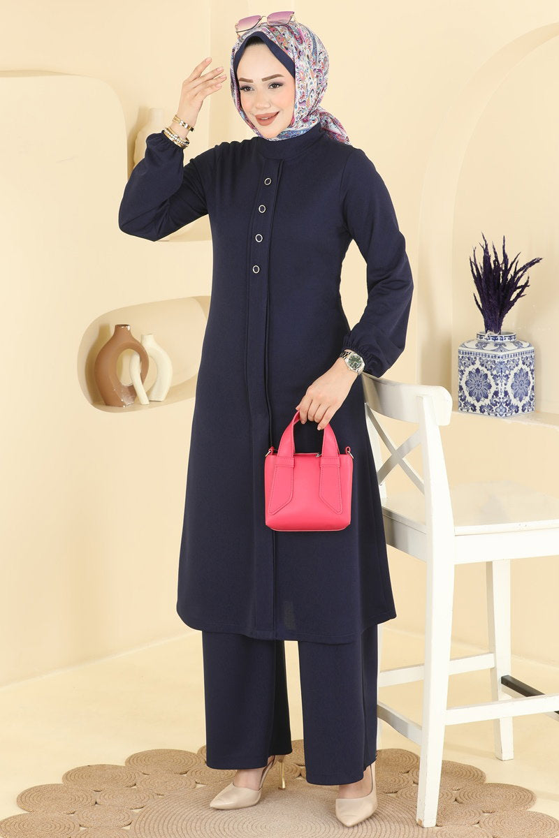 Crepe Two-Piece Set with Decorative Buttons - Navy