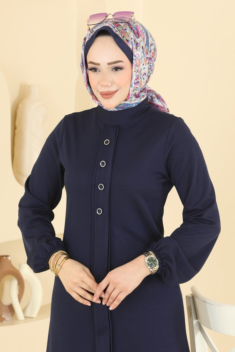 Crepe Two-Piece Set with Decorative Buttons - Navy