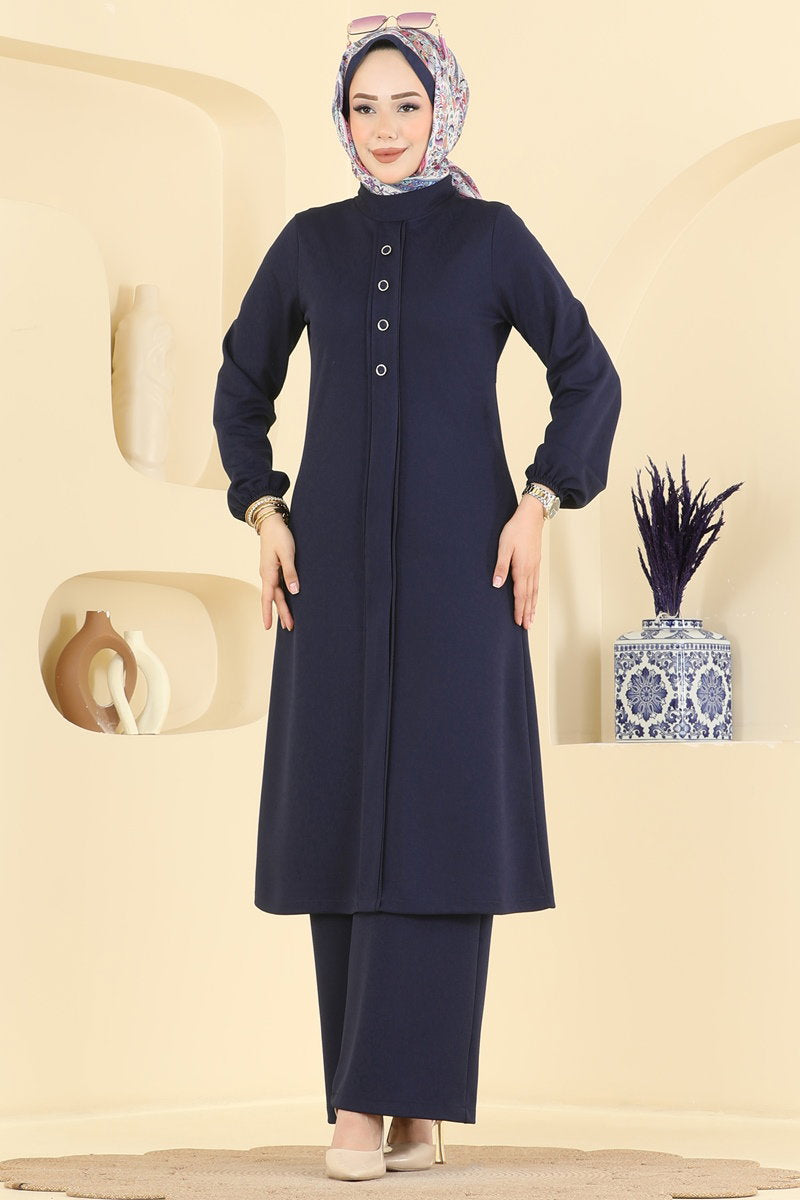 Crepe Two-Piece Set with Decorative Buttons - Navy