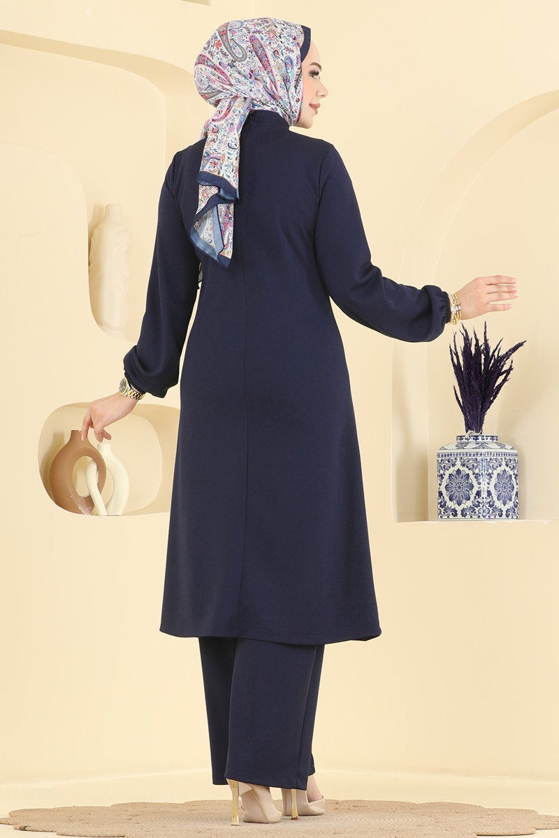 Crepe Two-Piece Set with Decorative Buttons - Navy