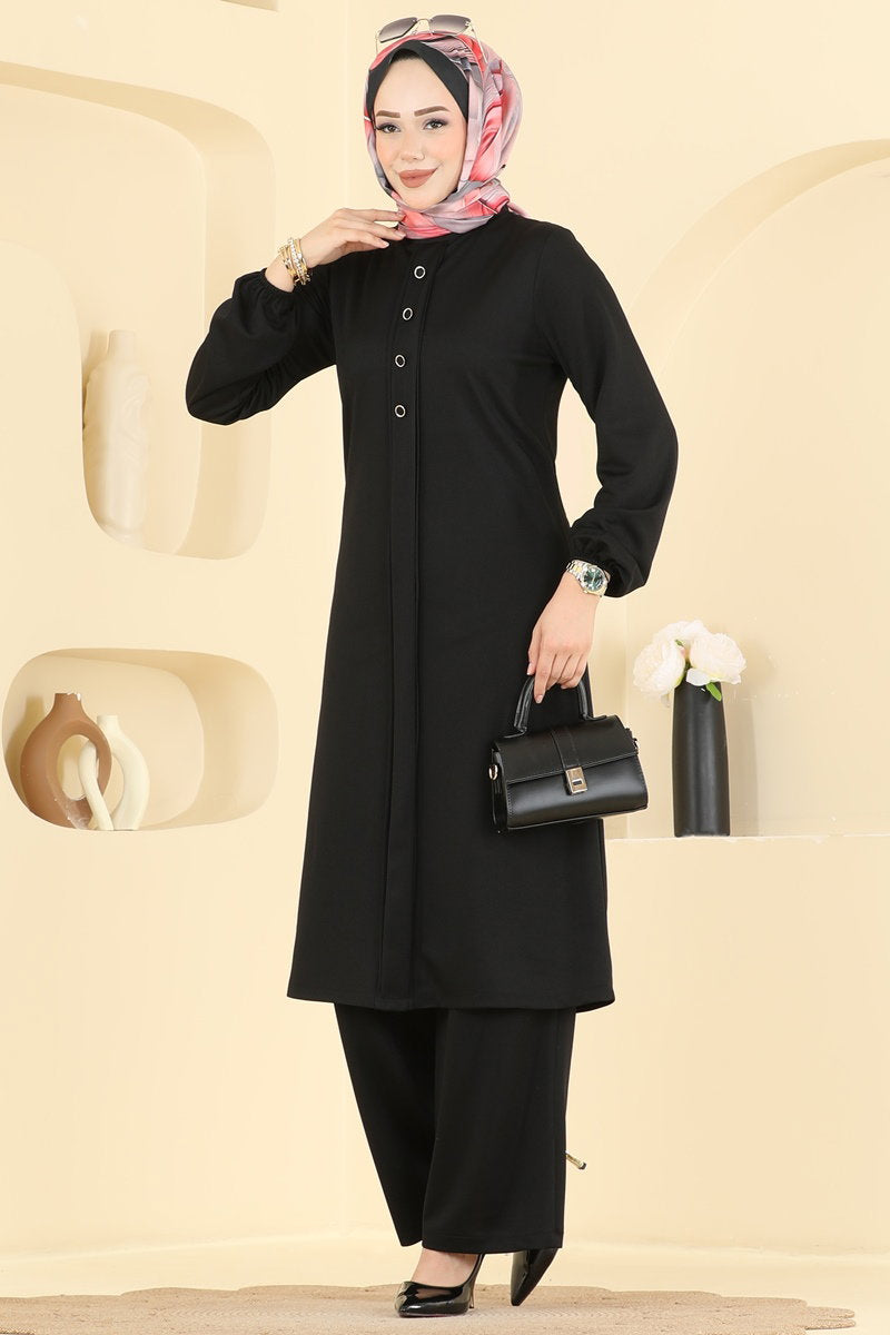 Crepe Two-Piece Set with Decorative Buttons - Black