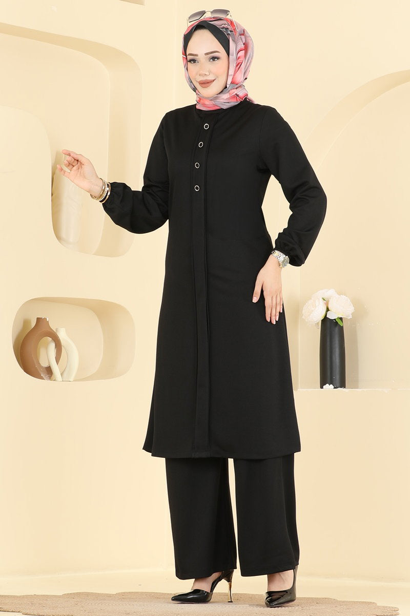 Crepe Two-Piece Set with Decorative Buttons - Black