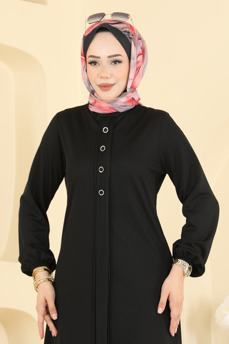 Crepe Two-Piece Set with Decorative Buttons - Black