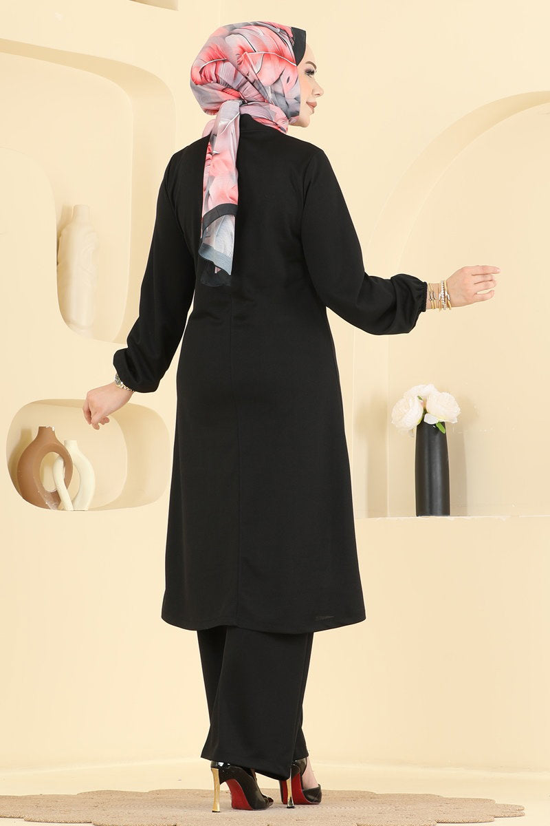 Crepe Two-Piece Set with Decorative Buttons - Black