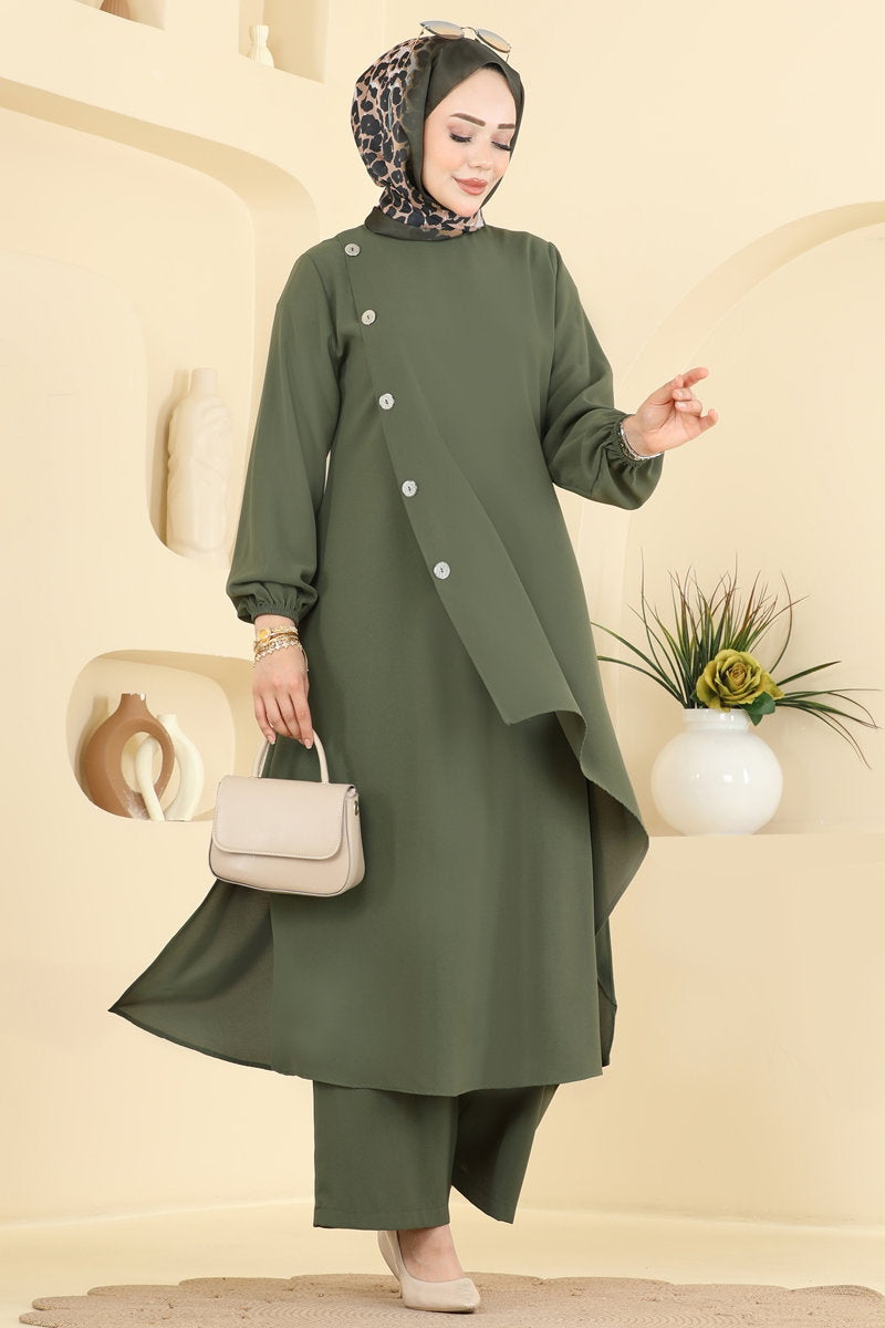 Woven Two-Piece Set with Decorative Buttons - Khaki