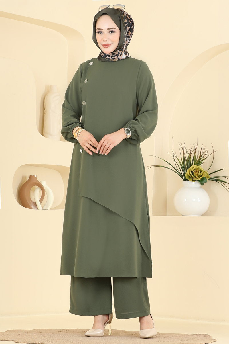 Woven Two-Piece Set with Decorative Buttons - Khaki