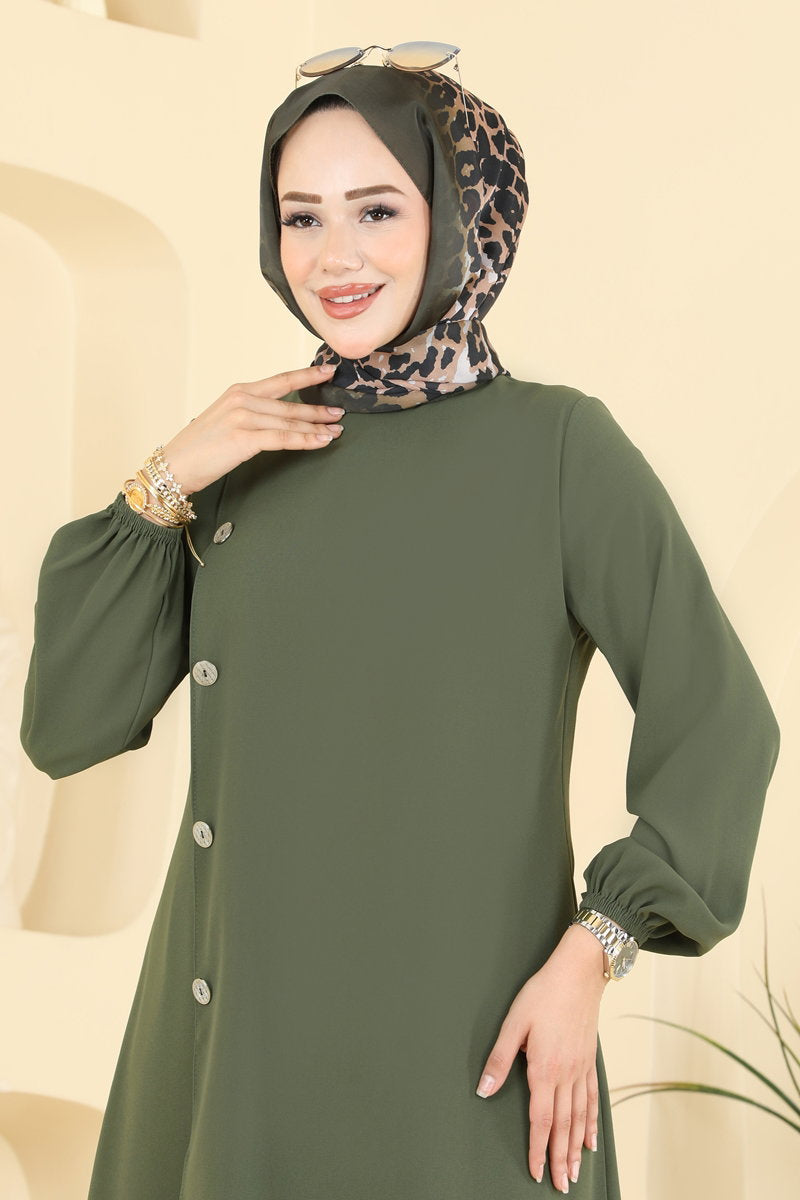 Woven Two-Piece Set with Decorative Buttons - Khaki