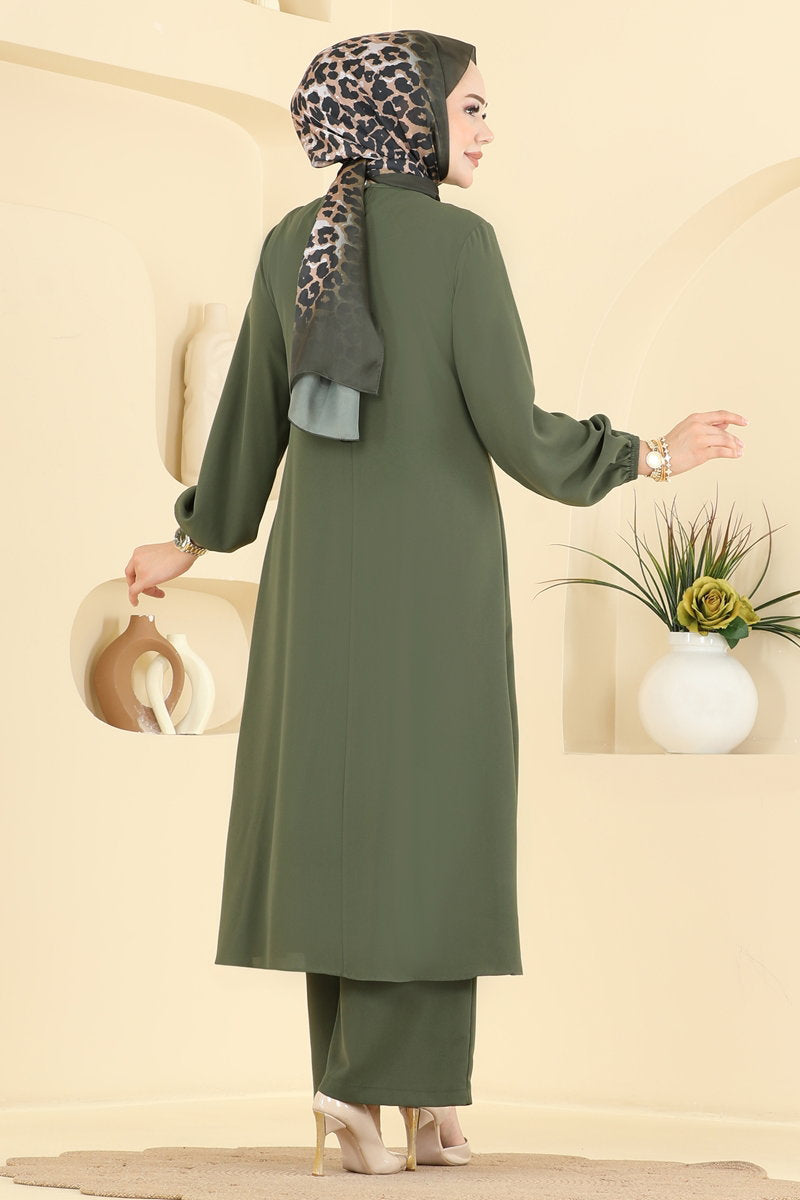 Woven Two-Piece Set with Decorative Buttons - Khaki