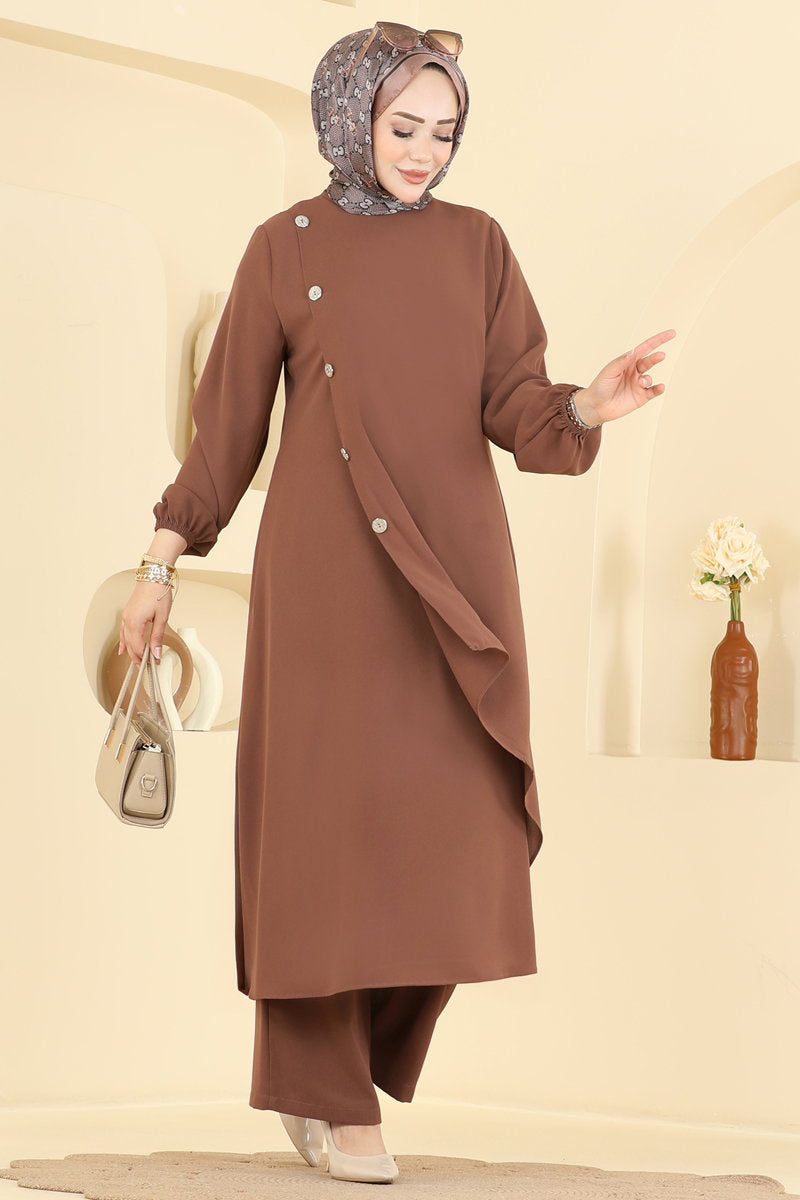 Woven Two-Piece Set with Decorative Buttons - Brown