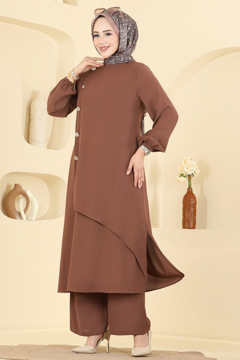 Woven Two-Piece Set with Decorative Buttons - Brown