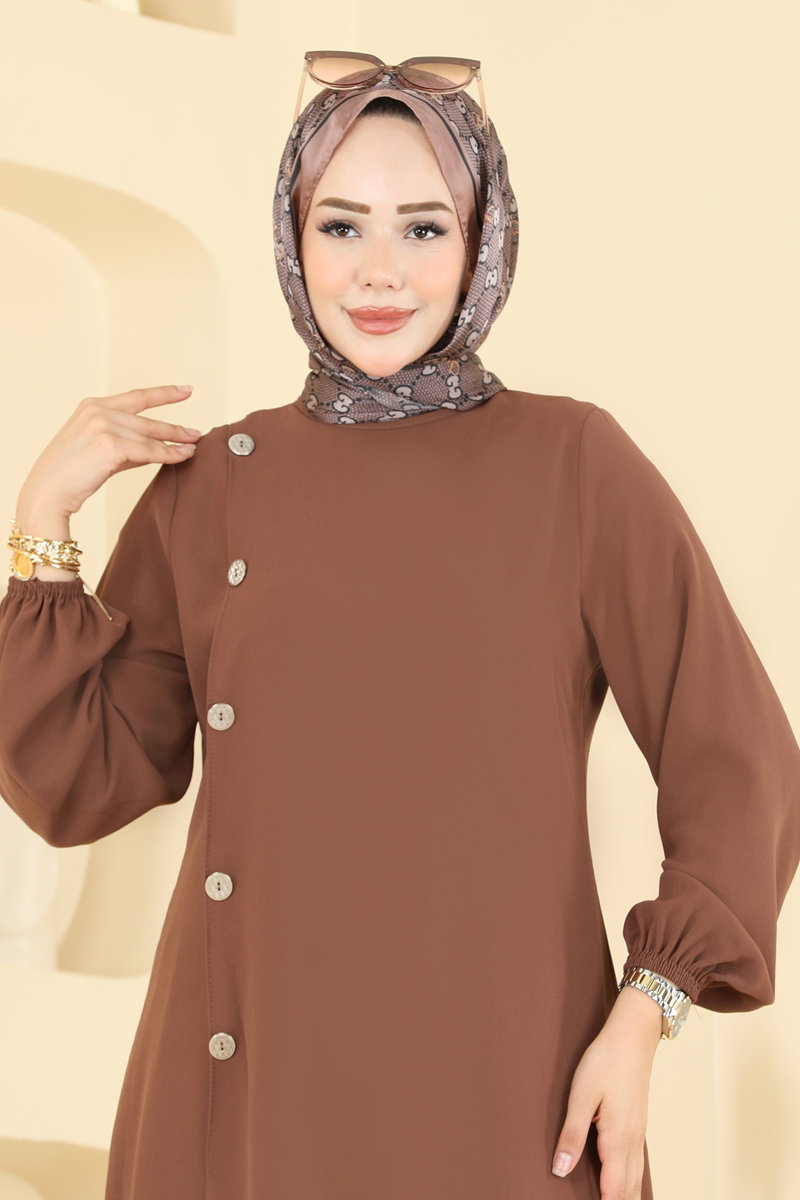 Woven Two-Piece Set with Decorative Buttons - Brown