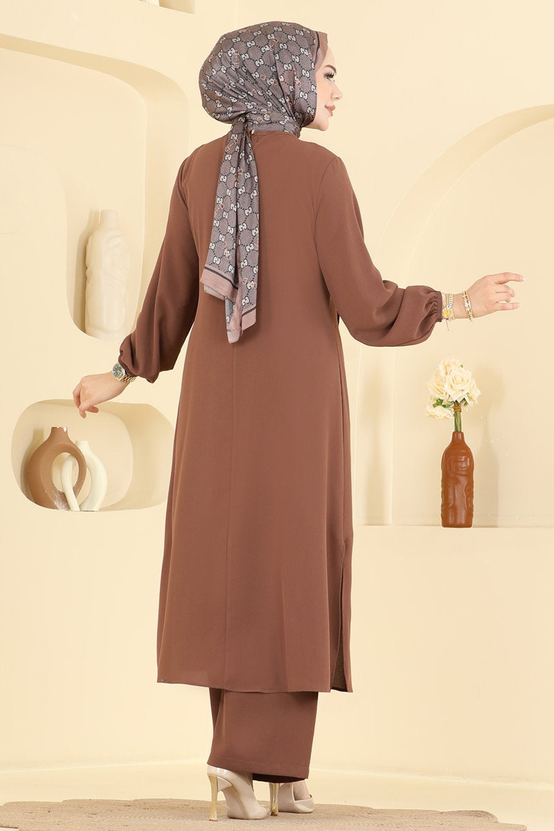 Woven Two-Piece Set with Decorative Buttons - Brown