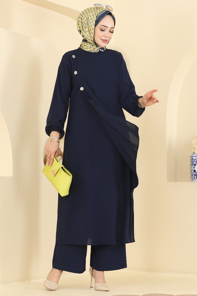 Woven Two-Piece Set with Decorative Buttons - Navy