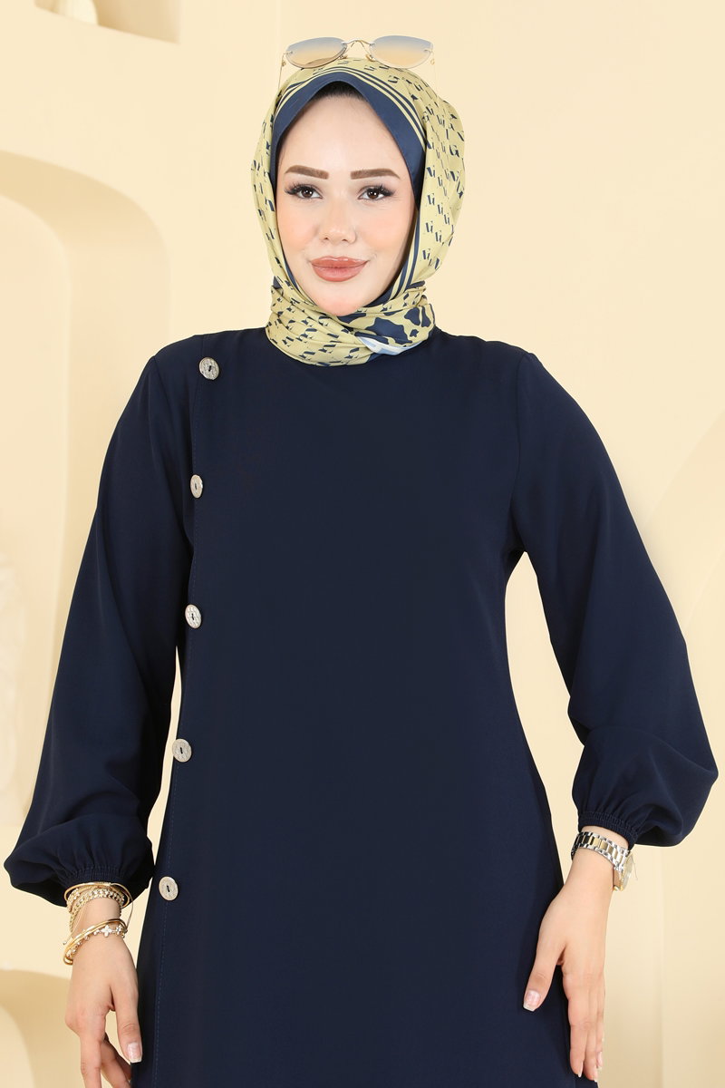 Woven Two-Piece Set with Decorative Buttons - Navy